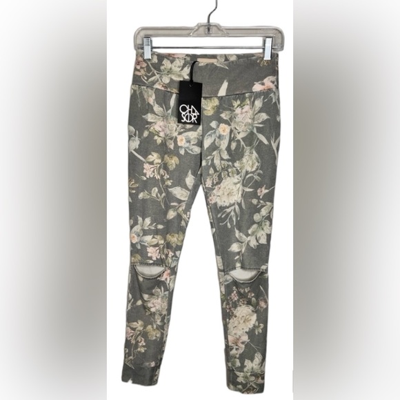 CHASER FLORAL BUTTERY SOFT LEGGINGS WITH KNEE CUTOUTS - Picture 1 of 7